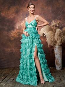 Faeriesty Elegante vestido de fiesta largo con tirantes finos para embarazadas, con detalles fruncidos en el pecho para una dimensión femenina, bajo con volantes y abertura, con múltiples capas de volantes, ideal para bodas de primavera, celebraciones del Día de la Madre y eventos de baby shower - Verde - Ver 5