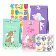 24pcs Easter Gift Bags - Kraft Paper Gift Bags With Rabbit, Eggs, Chick Patterns, Includes 18pcs Easter Element Stickers - Multicolor - View 1