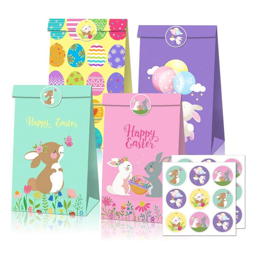24pcs Easter Gift Bags - Kraft Paper Gift Bags With Rabbit, Eggs, Chick Patterns, Includes 18pcs Easter Element Stickers - Multicolor - View 1