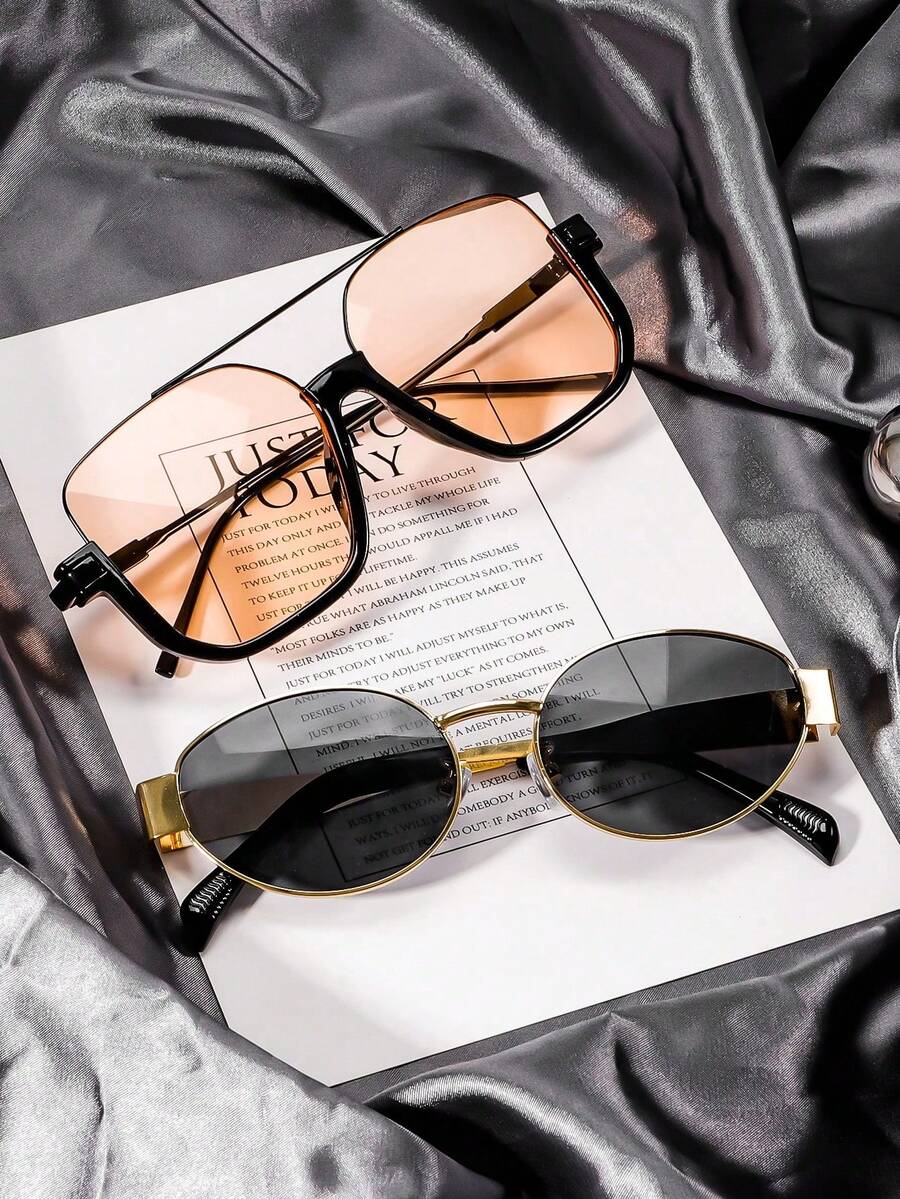 2 Pairs Fashion Half-Frame Square Glasses & Oval Glasses, Versatile Retro Personalized Accessories For Street Photography, Summer Vacation, Beach - 2pcs (茶色+黑色) - 查看 1