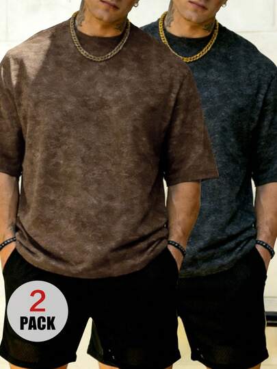2pcs Krometka Men's Casual Street Summer Solid Color Vintage Washed Short Sleeve T-Shirts