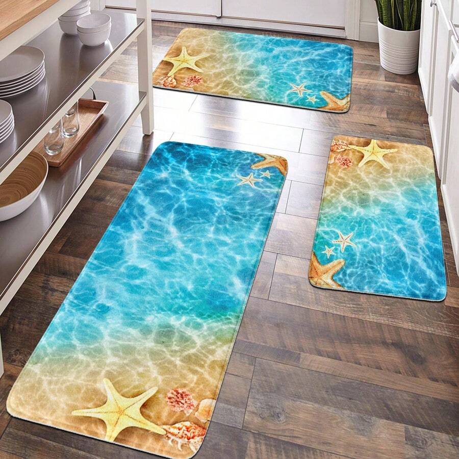 1件海洋系列浴室防滑地墊，海灘海星貝殼圖案法蘭絨地墊，適用於浴室地墊、馬桶墊、廚房地墊