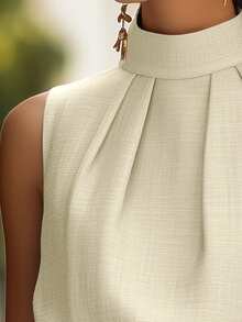 Top sin mangas de cuello alto con pliegues, top ajustado de diseño exclusivo y elegante para mujeres en verano, casual - Albaricoque - Ver 4