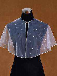 1pc Short Beaded Bridal Shawl, Rhinestone Decor Wedding Cloak, Thin Mesh Shawl For Bridal Gown, Wedding Party Fall Clothes For Women - White - View 10