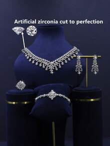 5件套奢华皇家风格水滴流苏新娘首饰套装，包括项链、手链、耳环、戒指，适合日常婚礼佩戴，结婚周年纪念礼物（附赠金色礼盒） - 白色 - 查看 4