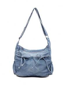 休闲简约轻便女士斜挎包，独特褶皱设计搭配蝴蝶结装饰，大容量，方便通勤，适合上学、上班，也可作为女士单肩包使用。 - 藍色 - 查看 6