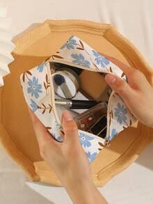 1pc Portable Floral Pattern Octagonal Velvet Cosmetic Bag, Double-Sided Printed Multi-Functional Toiletry Organizer - Multicolor - View 5