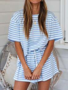 2-Piece Set Simple Striped Lazy Casual Tassel Drawstring Pocket Women's Home Wear Suit Suitable For Home And Street In All Seasons - 藍 - 查看 7