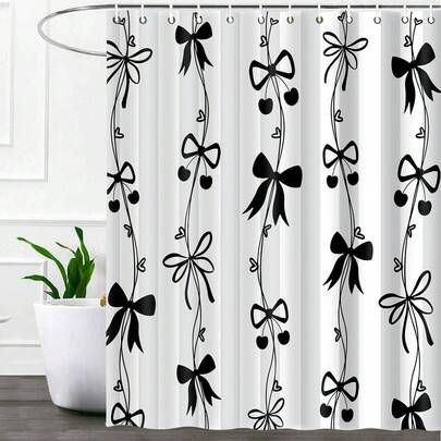 1pc Simple Bow Shower Curtain, Modern Cute Bow Printed Shower Curtain, Perfect For Bathroom Decoration, Universal Room Decoration, Home Decoration Set, Bathroom Accessories Bath Curtain