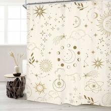 1件装简约米色日月星辰图案浴帘，复古卡通印花，完美适用于浴室装饰、通用房间装饰、家居装饰套装、浴室配件浴帘 - A - 查看 2