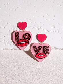 Pink Snail 1 Pair Creative Red Lip & Heart Acrylic Drop Dangle Earrings, Funny Statement Earrings For Women, Girls, Suitable For Valentine's Day, Summer, Winter, Vacation, Holiday, Beach Party, Gifts For Her, Couples - Red Lips and a Heart - View 8