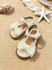 1 Pair Girls' Shoes With Mesh Bow Design, Breathable Lining, Ankle Strap, Open Toe, Flat Sole. Elegant And Cute, Suitable For Casual Daily Wear - Beige - View 3