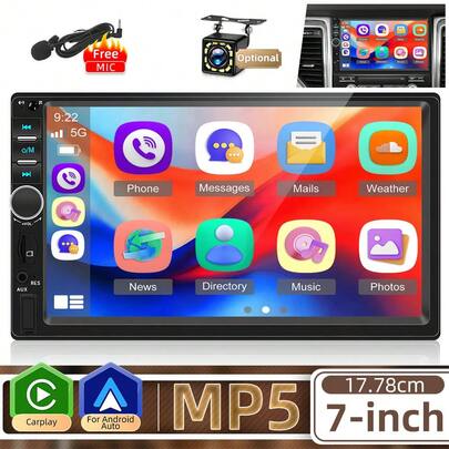 Lettore MP5 per auto HD con schermo retrattile da 7" 1Din, autoradio BT, supporta FM, BT, USB, telefono, Mirror-Link