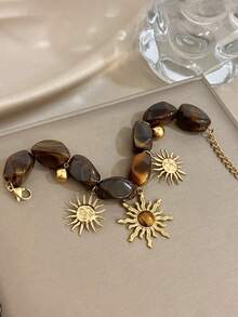 1件装奢华复古波西米亚太阳吊坠可调节手链，18K镀金不锈钢材质，配亚克力手链，女士饰品，适合音乐节、度假、艺术博览会、生日礼物、情人节、派对、晚宴、日常佩戴、约会、新年、婚礼、海滩、圣诞节、周年纪念日等场合。 - 彩色 - 查看 8