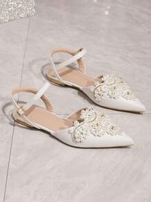 Giày Mary Jane mũi nhọn đính pha lê và nơ thời trang mới dành cho nữ, sandal quai ngang cổ chân kiểu dáng thường ngày. - trắng - Xem 4