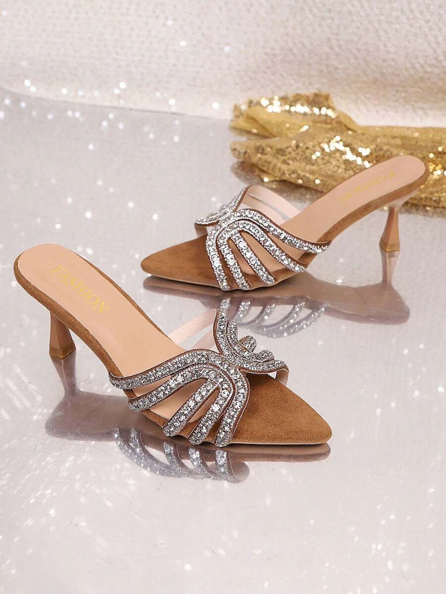 1 Pair Summer Rhinestone Stiletto Slip-On Sandals, Pointed Toe Multi-Strap Dress Heels For Women Party And Wedding - Brown - View 1