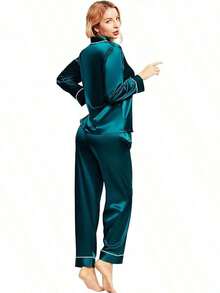 Valentine's Day Limited High-End Fashion Satin Silk Women's Pajama Set Long Sleeve Button-Down Sleepwear XS-3XL Comfortable Warm Loungewear - Màu xanh lam - Xem 6