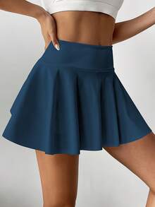 高腰白色网球裙裤，二合一防闪光高尔夫/羽毛球/健身短裙，带口袋，夏季运动裙裤，适合瑜伽、户外跑步，新款女装 - 水鴨藍 - 查看 5