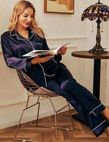 Valentine's Day Limited High-End Fashion Satin Silk Women's Pajama Set Long Sleeve Button-Down Sleepwear XS-3XL Comfortable Warm Loungewear - Màu tím đậm - Xem 8