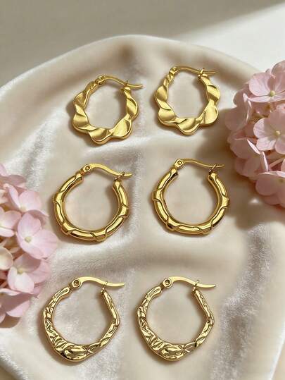 1/3 Pair Stainless Steel Earrings, Women's Earrings, Dangle Earrings, Gold-Plated Hinged Round Earrings, Bamboo Texture, Rhinestone Cut, Hexagon, Square, Round, Butterfly Shaped Design, Low-Allergy Earrings Suitable For Sensitive Ears, Women's Charming Accessories, Middle Eastern Fashion Jewelry, Eid/Ramadan Decorative Jewelry And Accessories, Party And Holiday Gifts