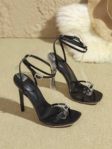 女士方头绑带时尚细高跟超高跟凉鞋 - 黑色 - 查看 5