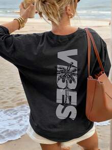 女士简约椰树标语印花休闲圆领短袖T恤，简约百搭，适合日常和度假穿着。图案T恤，女款，白色、黑色、粉色，夏季款 - 黑色 - 查看 8