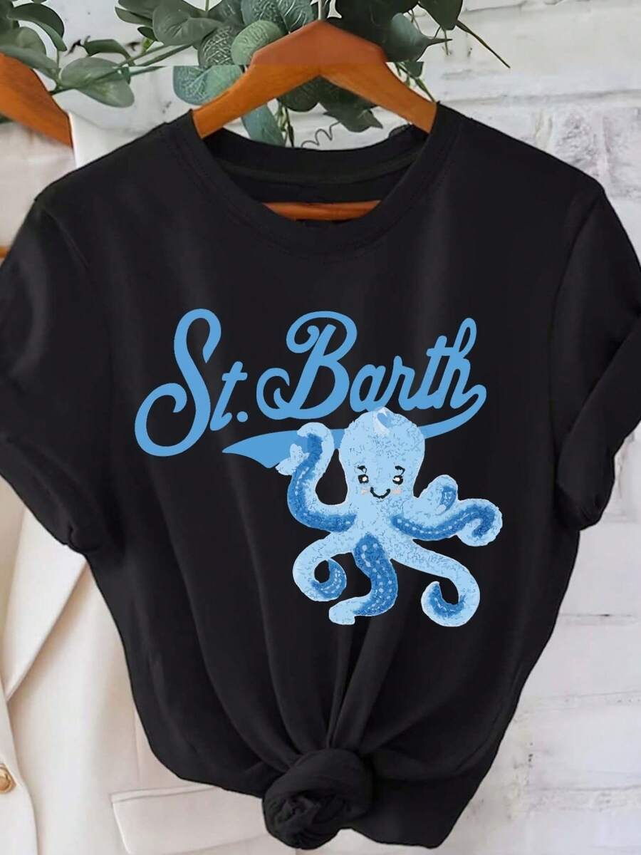 Saint Barth Day St BarthGraphic Print Tshirt Short Sleeve Crew Neck Casual Top For Summer Spring Women Clothing - màu đen - Xem 1