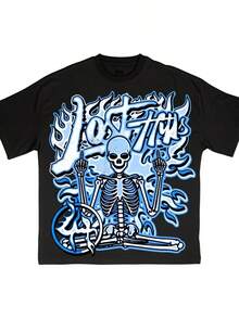 25Retro Lost In The Hills Flame Skull Graphics Cotton Short SLeesve T-Shirt Men Y2K Vintage Oversize Tshirt Streetwear Women Tops - 黑色 - 查看 1