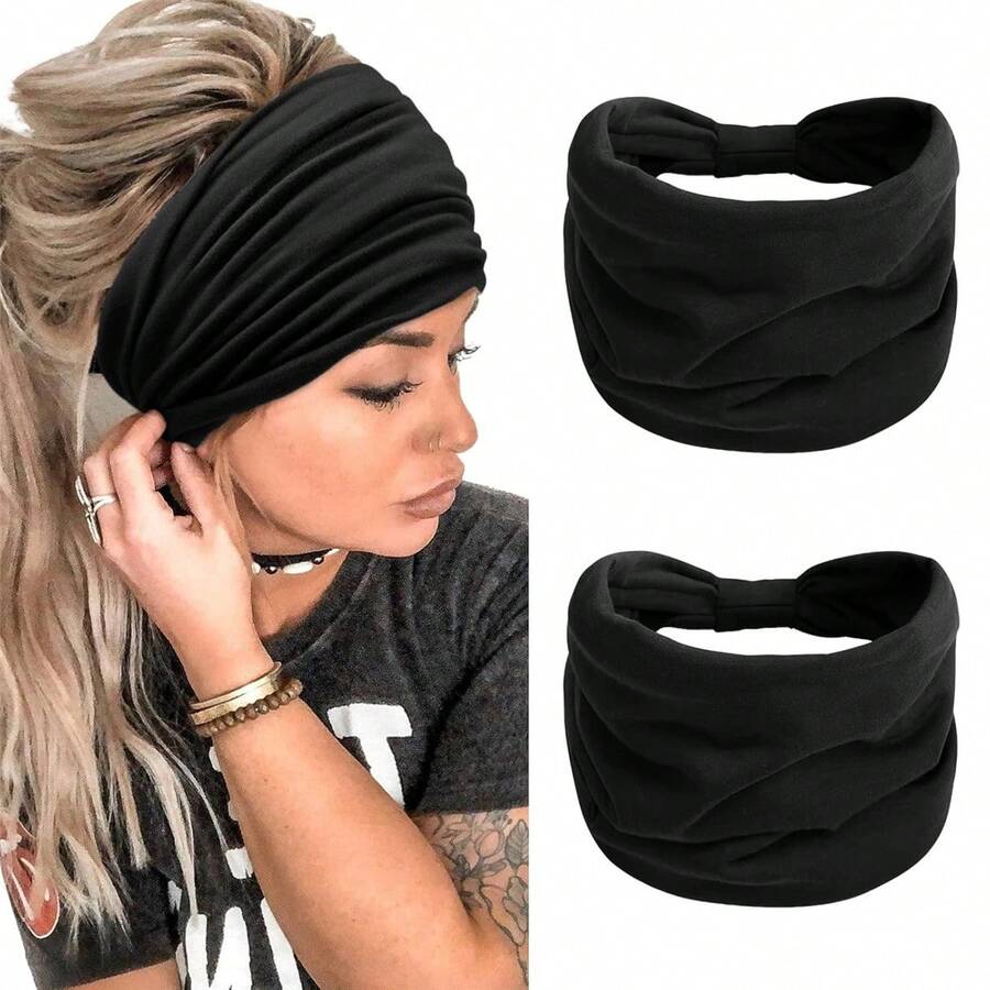 2 Packs Headbands For Women Boho Extra Wide5.5'' Black Head Bands African Knotted Non Slip Fashion Hair Band Stretch Yoga Workout Running Gym Hairbands Turban Bandana For Girls - Multicolor - View 1