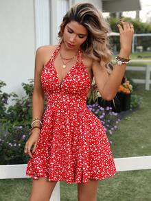 女士波西米亚风红色露背V领夏季连衣裙，无袖吊带性感露背修身腰部派对连衣裙，可爱蝴蝶结沙滩度假连衣裙 - 紅色 - 查看 4