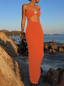 Women's Sexy Hollow-Out Bustier Metal Decor Bodycon Dress, Long Camisole Y2K Style Elegant Vacation, Party, Wedding Guest, Cocktail Dress, Fashionable Hollow-Out Dress, Spring/Summer/Autumn - Coral Orange - View 2