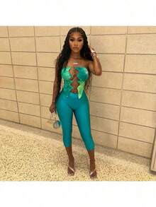 Conjunto de tres piezas con top de pecho hueco con puntada impresa en 3D y pantalones para mujer, para primavera y verano - Verde - Ver 5