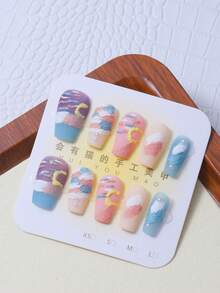 10pcs/Set Press On Nails With Sandblasted Finish, Sky Blue Oil Painting Design, Fully Handcrafted Perfect For Girls And Ladies To Wear! - Multicolor - View 3