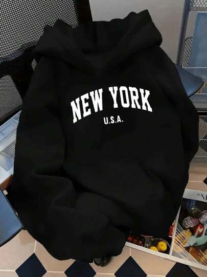 Sudadera casual para mujer con capucha, manga larga, estilo holgado, estampado de letras americanas, primavera otoño, uso diario