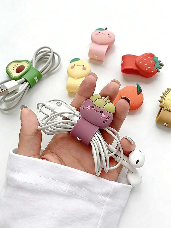 Bridas de cable reutilizables, dispositivo de almacenamiento de cables de silicona, forma de fruta de dibujos animados - Auriculares reutilizables, cargadores y organizadores de cables de datos - Patrones de frutas brillantes, accesorios de escritorio de oficina en el hogar anti-enredos | Decoración de cables brillantes | Estante de fijación de cables de silicona, diseños de frutas para teléfono, auriculares y gestión de cables USB, brida, cable de datos, almacenamiento, regalos navideños, adecuado para dar a familiares, amigos, compañeros de clase y colegas