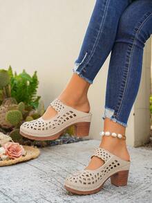 女士镂空雕花厚跟穆勒鞋，复古闭趾套脚凉鞋 - 卡其色 - 查看 6