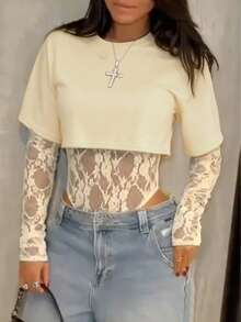 Áo croptop tay ngắn xuyên thấu ren gợi cảm dành cho nữ, áo liền thân ren phối màu trơn, thích hợp mặc hàng ngày, hẹn hò, tiệc tùng, biểu diễn sân khấu, phong cách thanh lịch mùa xuân/hè. - Màu be - Xem 6