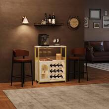 Armario de Bar de Vino Moderno de 36 Pulgadas con Puerta de Malla - Estante de Vidrio Ajustable y Estantes Extraíbles para Almacenar Licores, Armario de Bar Libre para Cocina y Comedor - Oro - con luces - Ver 8