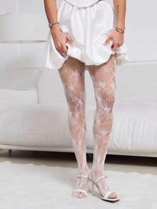 1 Pair Plus Size Women's Fishnet Tights, French Vintage Rose Lace Jacquard Stockings, Sexy Elegant Punk Style Fishnet Pantyhose, Suitable For Parties, Galas, And Formal Events - White - View 5