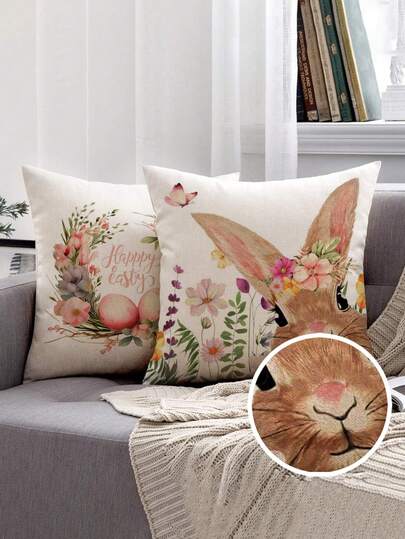 2pcs Easter Style Pillow Covers, Bunny Cushion Case With Easter Egg & Rabbit Print Pattern, 100% Hypoallergenic Polyester Fiber, Vintage Linen Material, Hidden Zipper Closure, Machine Washable, Home Decorative Throw Pillow Covers For Sofa, Living Room, Bedroom, No Pillow Insert