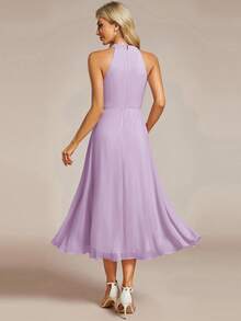 EVERPRETTY Đầm phù dâu bằng chiffon màu tím oải hương, hở lưng, xếp ly bồng bềnh, vạt trước ngắn vạt sau lệch, thích hợp cho đám cưới, tiệc tùng và các dịp trang trọng mùa xuân. - Màu tím hoa cà - Xem 4