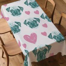 1pc Cute Pug Dog & Pink Heart Tablecloth, Featuring Pug Face Print - Turquoise & Pink Puppy Design, Durable Fabric Rectangular Tablecloth, Suitable For Party, Dining Table, Easy To Clean Pet Themed Tableware - Multicolor - View 15