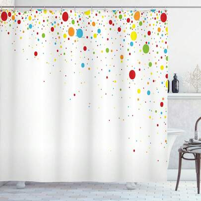 1pc Colorful Shower Curtain, Small Dot Party Celebration Print On White Background, Retro Style Art, Suitable For Bathroom Bathtub Partition, Bathroom Shower Curtain Decoration, Bathroom Accessories
