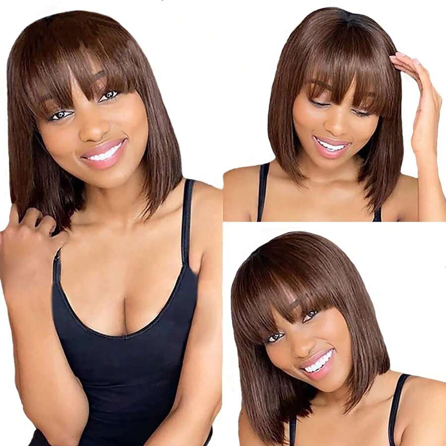 14英寸4x4蕾丝红棕色假发，带刘海，层次感帘式刘海，直发闭合式前额，无需胶水即可佩戴，4号棕色真人发假发 - S4 - 查看 1