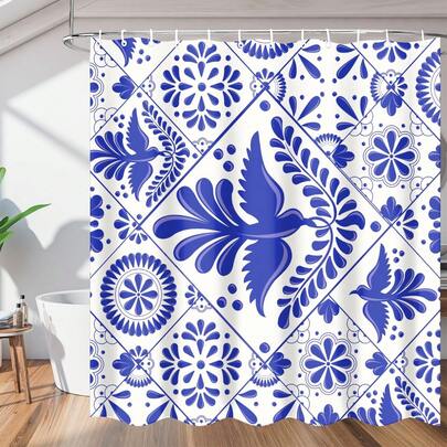 1件装抽象植物浴帘，复古植物菱形格纹印花浴帘，完美适用于浴室装饰、通用房间装饰、家居装饰套装、浴室配件浴帘