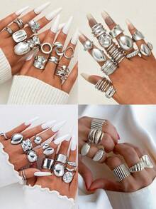 Bộ nhẫn điều chỉnh được, kiểu dáng cổ điển thanh lịch, retro, bất đối xứng, hình học, đường nét nổi bật, cong, chất liệu dày dặn, phong cách Bohemian dành cho nam và nữ, món quà lý tưởng cho bạn bè, gia đình, người yêu, phù hợp cho các bữa tiệc, ngày lễ, đeo hàng ngày (Giao hàng ngẫu nhiên) - Bạc - Xem 3