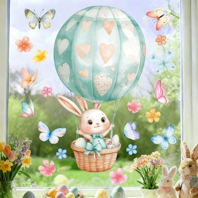1 szt. wielokrotnego użytku, miętowo-zielona, akwarelowa naklejka na okno z wielkanocnym króliczkiem – statyczna naklejka na balon w kształcie serca, idealna do wiosennego wystroju domu i na imprezę