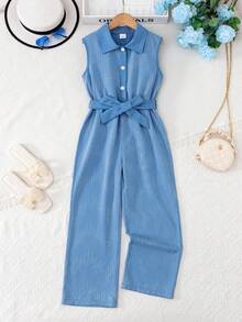 Tween Girl Rhinestone Button Design Sleeveless Casual Jumpsuit - Blue - View 3