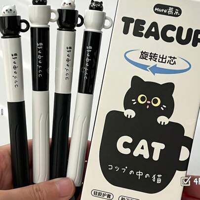 2/4 chiếc Bút bi hình mèo dễ thương xoay tròn, màu đen trắng, kiểu hoạt hình, dành cho học sinh, ngòi 0.5mm. Bút dễ thương đáng yêu.