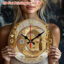 1pc 2D Flat Wall-Mounted Clock Decoration, 10inch Islamic Arabic Silent Wall Clock - Moon And Lantern, White Wooden Coated Round Clock, Gold Hands And Black Arabic Numerals Wooden Round Wall-Mounted Clock, Wooden Round Decorative Clock With Numerical Display, Suitable For Home Decoration, Holiday Gift (Batteries Not Included),Wall Decor,Room Decor,Home Deocr,Reloj De Pared - Multicolor/10in/25cm - View 6